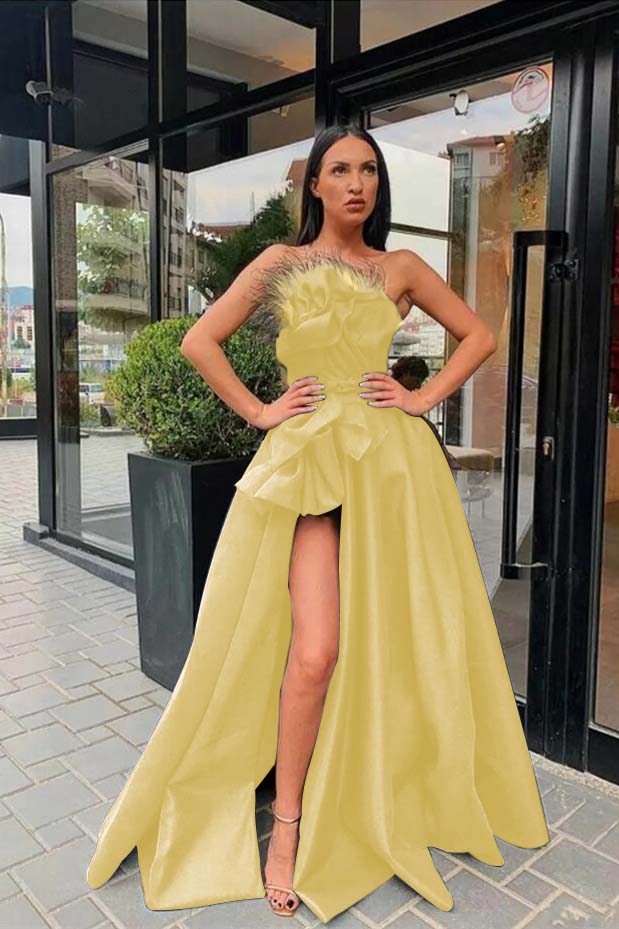 Long Black Prom Dress Slit With Feather