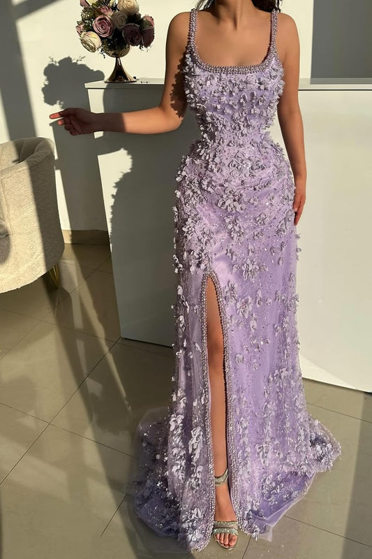 Purple Sleeveless Spaghetti Straps Mermaid Prom Dress With Beads
