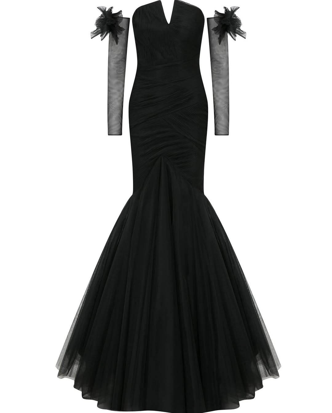 Glamorous Tulle Black Removable Long Sleeves Mermaid Prom Dress with Bow