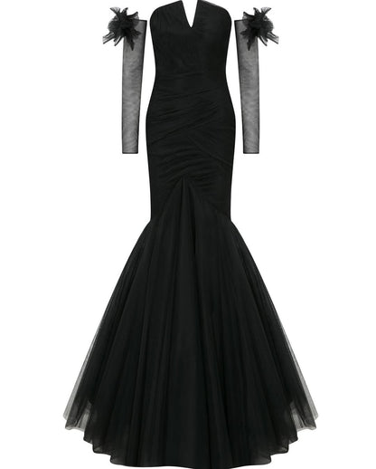 Glamorous Tulle Black Removable Long Sleeves Mermaid Prom Dress with Bow