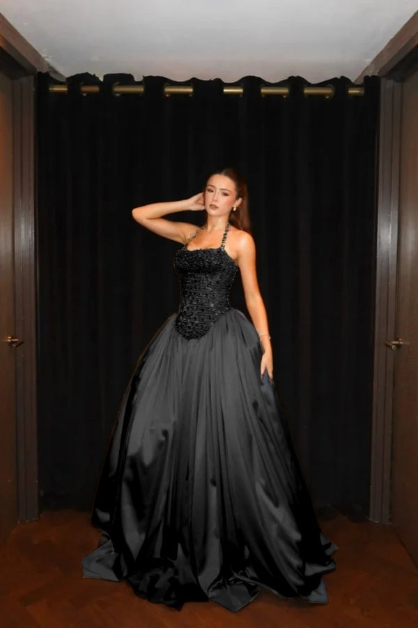 Gorgeous Gold Halter Rhinestone Sleeveless Evening Dress with Pleated