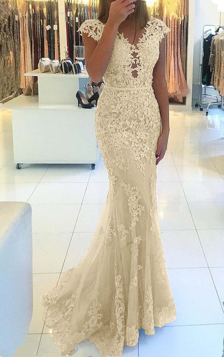 Appliques Mermaid Cap Sleeve Prom Dress
