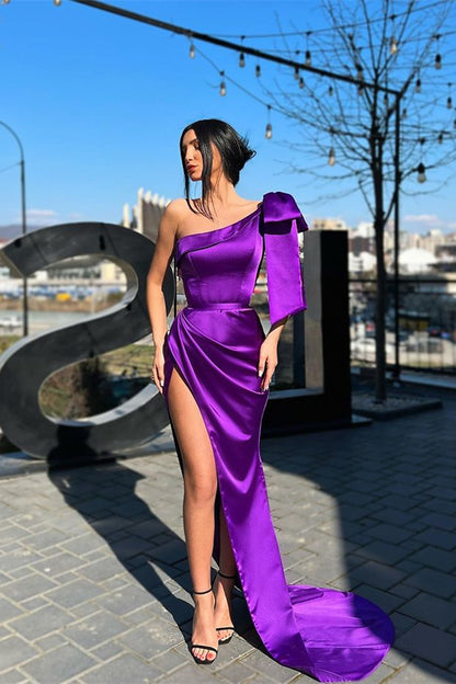 One-Shoulder Purple Long Mermaid Evening Dress With Slit