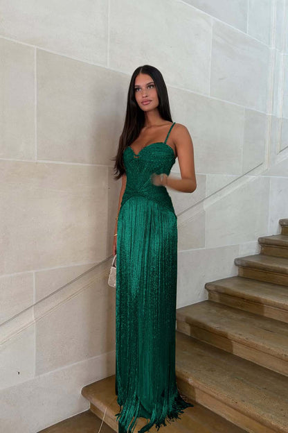 Elegant Sequin Fringe Long Sleeveless Prom Dress with Spaghetti Straps