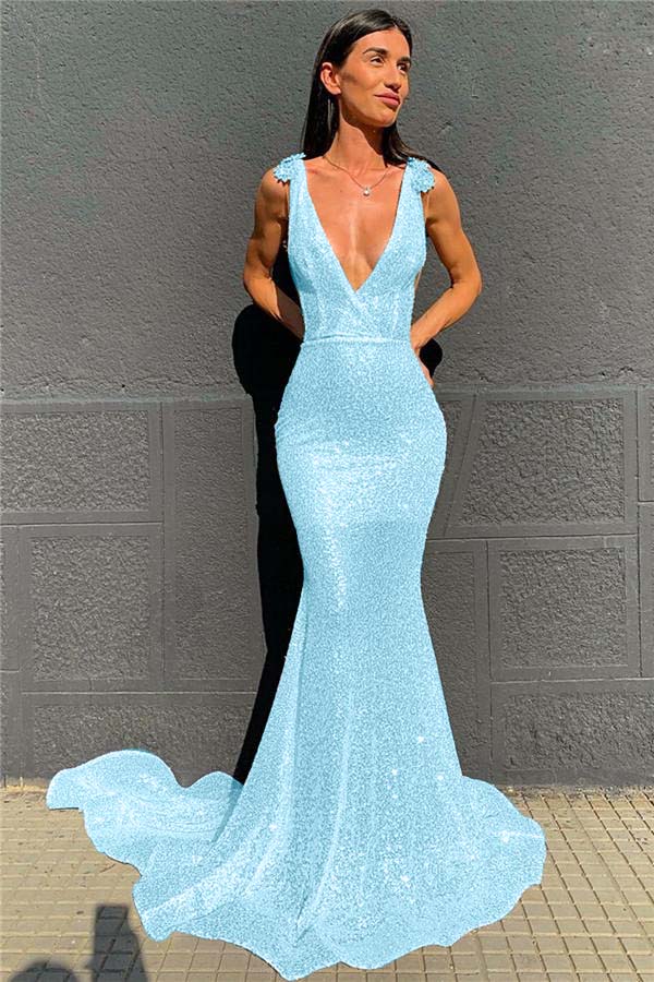 Deep V-Neck  Mermaid Prom Dress Open Back Sequins