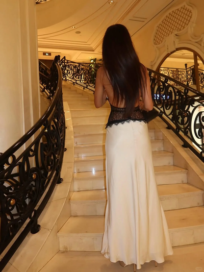 Open Back Elegant Ivory Sheath Halter Lace Satin Long Prom Dress Outfits SH4978