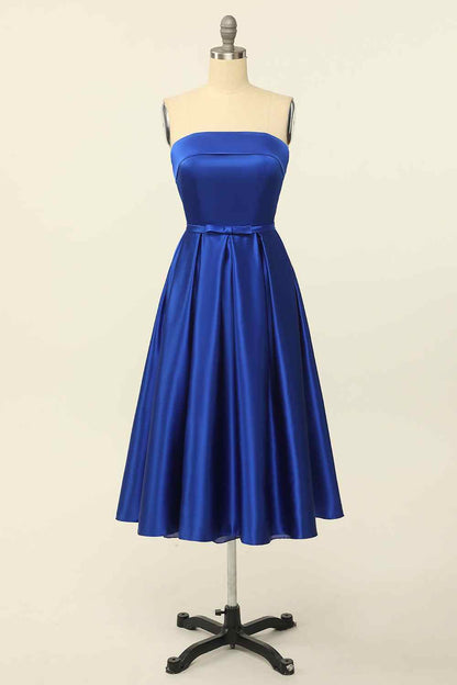 Royal Blue A-line Fold Strapless Lace-Up Back Satin Mini Homecoming Dress