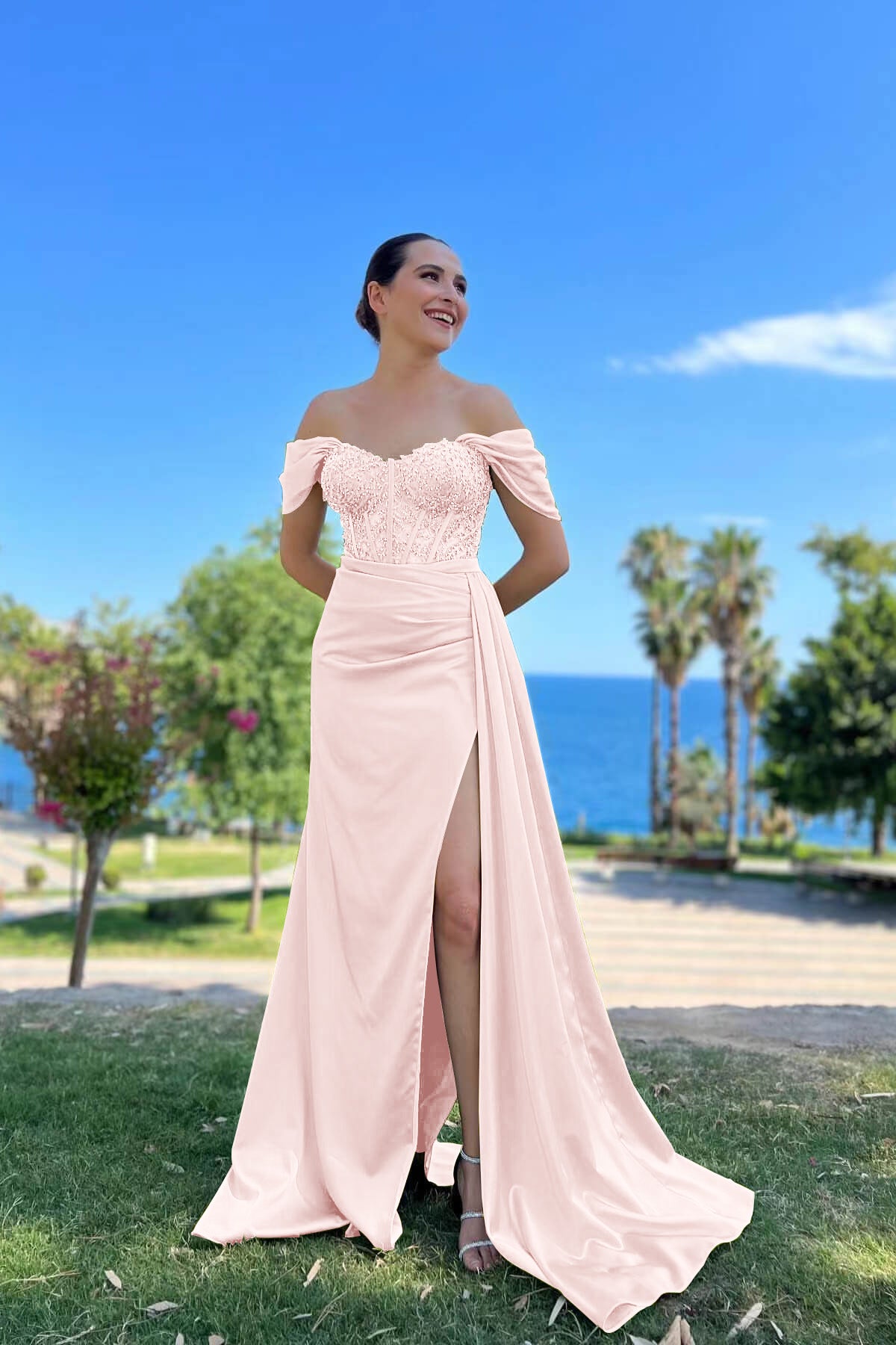 Off-The-Shoulder Mermaid Prom Dress With beads Sweetheart Front Split