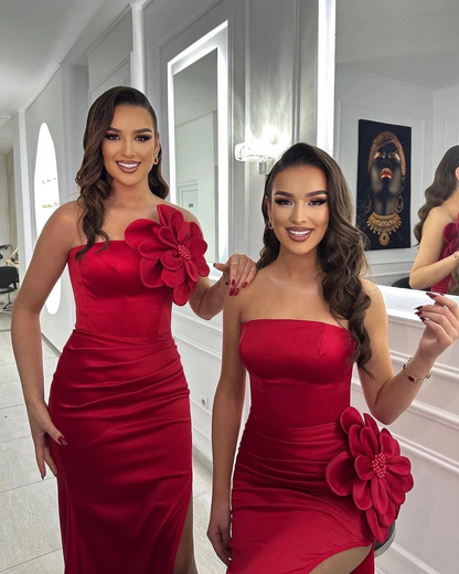 Red Strapless Handmade Flower Pearls Prom Dress With Slit Pleats