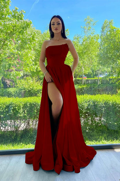 Elegant Strapless A-Line Prom Dress Green With Slit