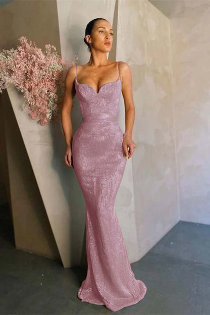 Mermaid Spaghetti-Straps Sequins Prom Dress Long