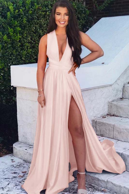Sleeveless Fuchsia V Neck A-Line Prom Dress With Split