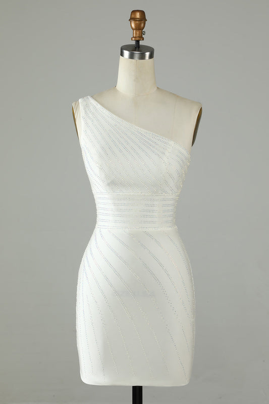 White One Shoulder Beaded Sheath Homecoming Dress