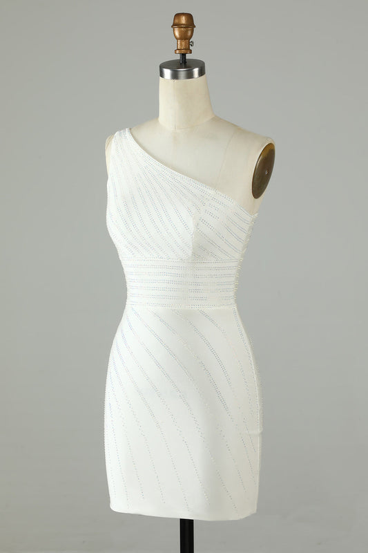 White One Shoulder Beaded Sheath Homecoming Dress