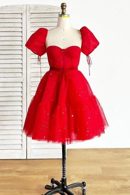 Blue A-line Stars Puff Sleeves Tulle Homecoming Dress with Sash