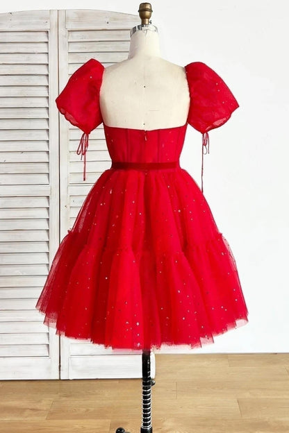 Blue A-line Stars Puff Sleeves Tulle Homecoming Dress with Sash