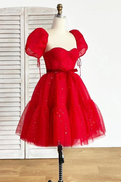 Blue A-line Stars Puff Sleeves Tulle Homecoming Dress with Sash