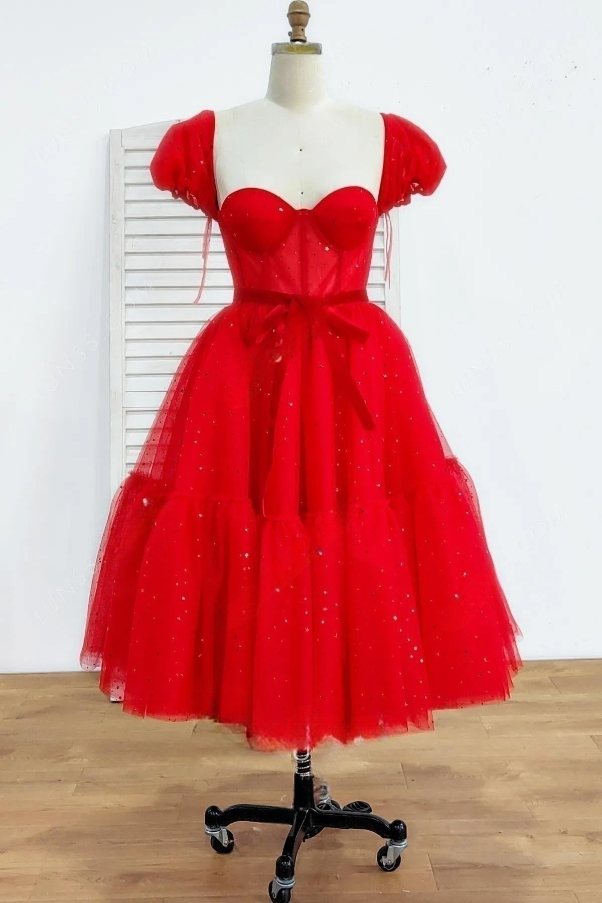 Blue A-line Stars Puff Sleeves Tulle Homecoming Dress with Sash