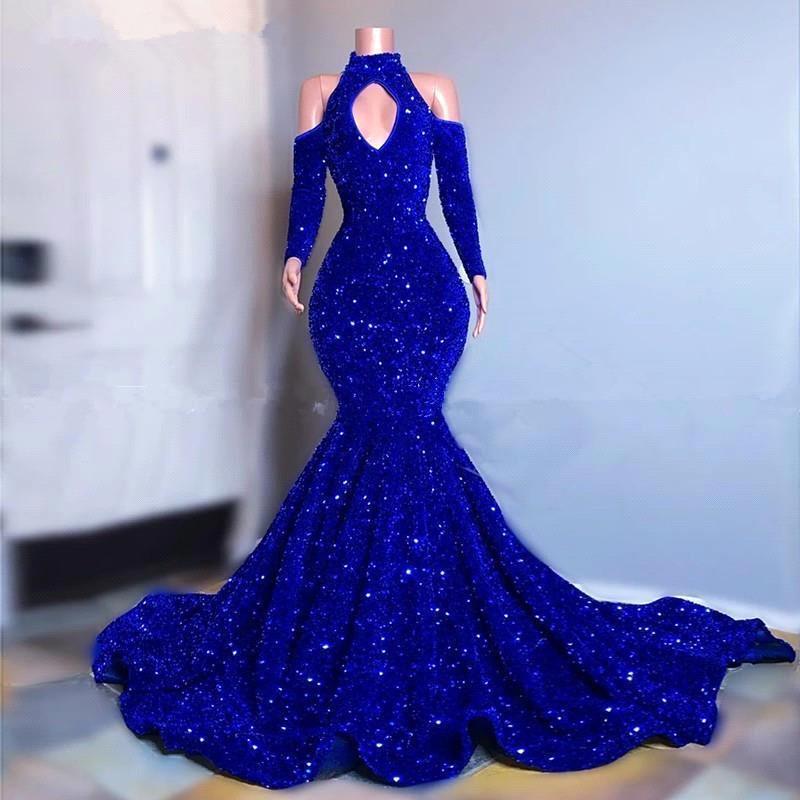 Long Sleeves Royal Blue High Collar Mermaid Long Prom Dress With Sequins