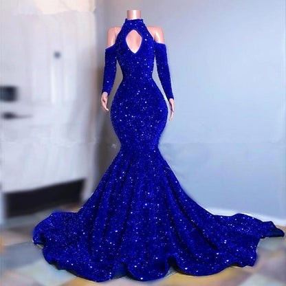 Long Sleeves Royal Blue High Collar Mermaid Long Prom Dress With Sequins