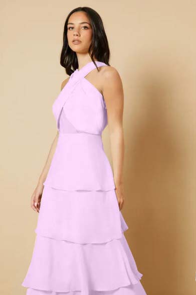 Sleeveless Halter Straps A Line Long Ruffles Prom Dress