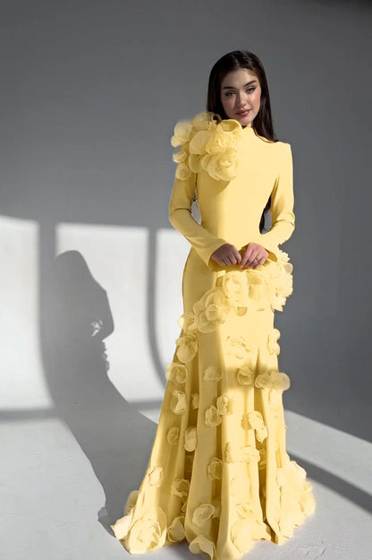 Elegant Long Sleeves Long Evening Dress With Handmade Flower