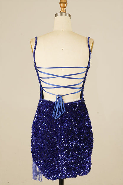 Royal Blue Sequins Lace-Up Sheath Homecoming Dress with Tassels
