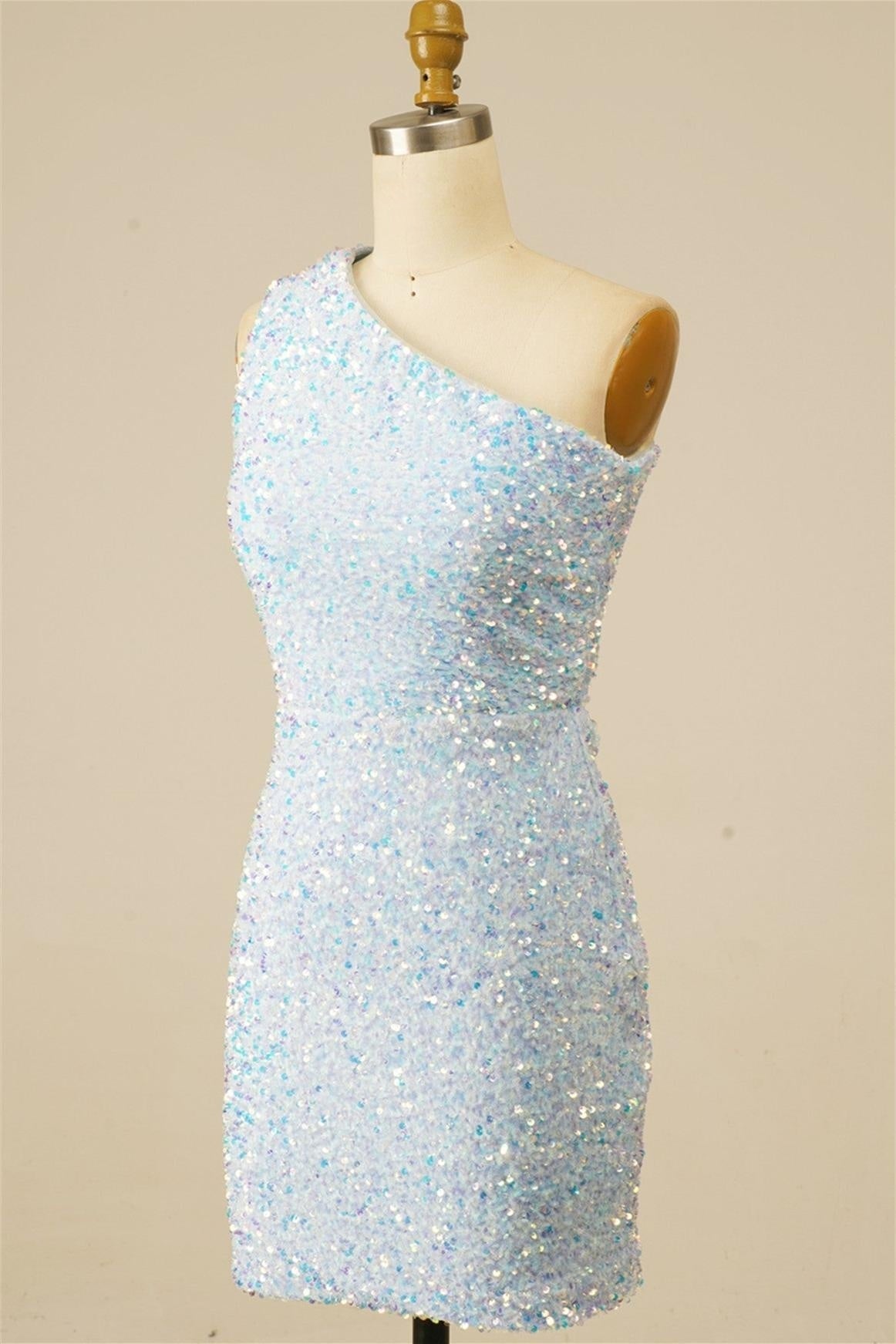 Light Blue Sheath Lace-Up One Shoulder Sequins Homecoming Dress