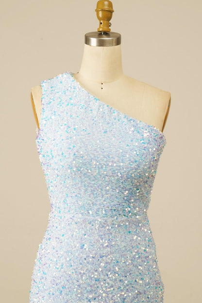 Light Blue Sheath Lace-Up One Shoulder Sequins Homecoming Dress