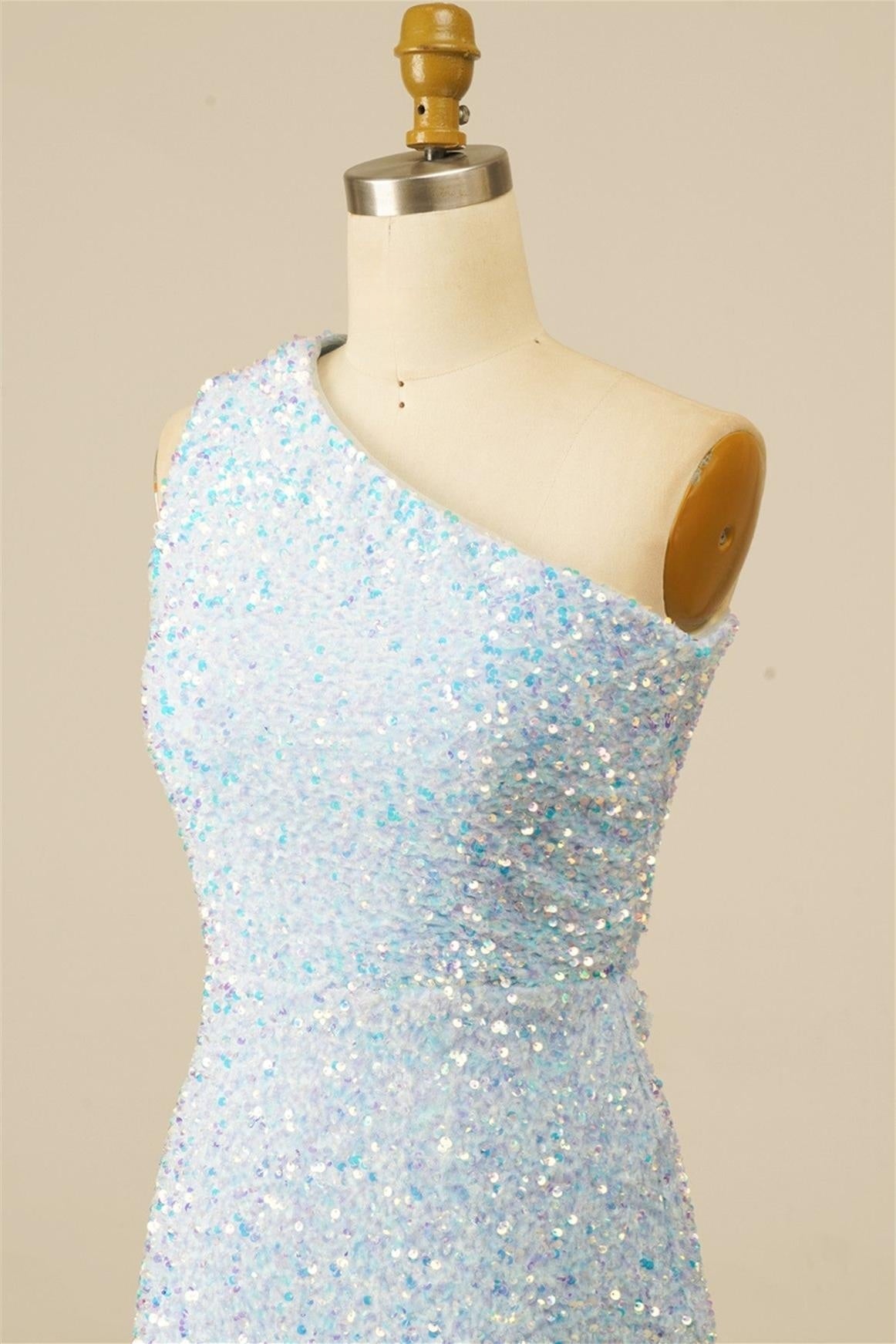 Light Blue Sheath Lace-Up One Shoulder Sequins Homecoming Dress