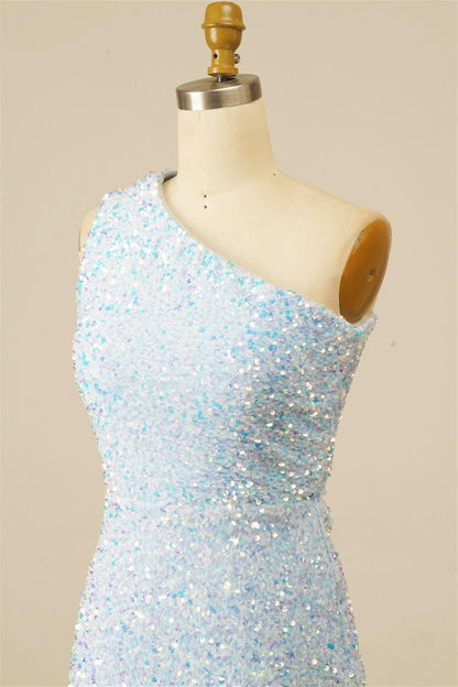 Light Blue Sheath Lace-Up One Shoulder Sequins Homecoming Dress