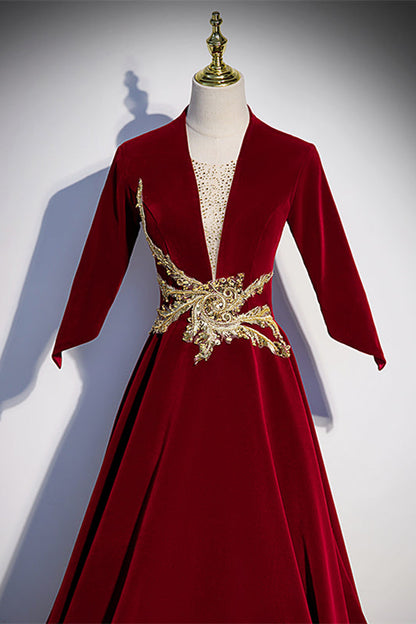 Velvet A-Line V-Neck Half Sleeves Appliques Formal Prom Dress