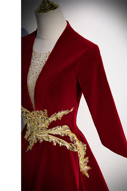 Velvet A-Line V-Neck Half Sleeves Appliques Formal Prom Dress