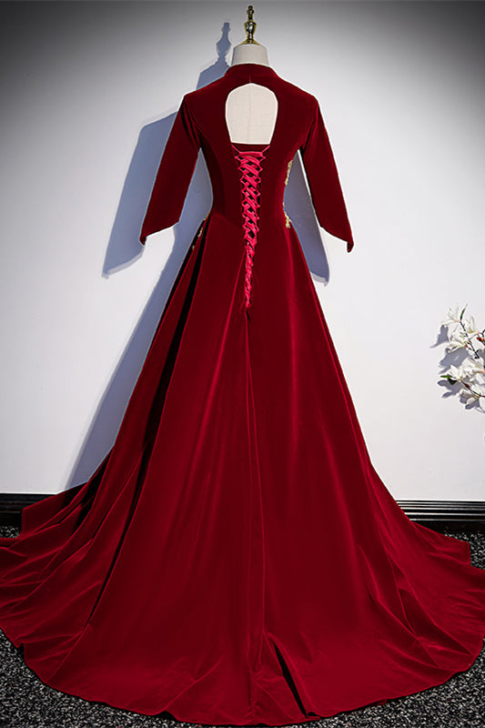 Velvet A-Line V-Neck Half Sleeves Appliques Formal Prom Dress