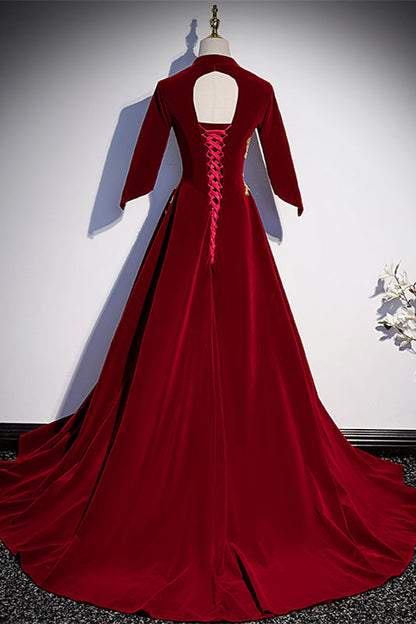 Velvet A-Line V-Neck Half Sleeves Appliques Formal Prom Dress
