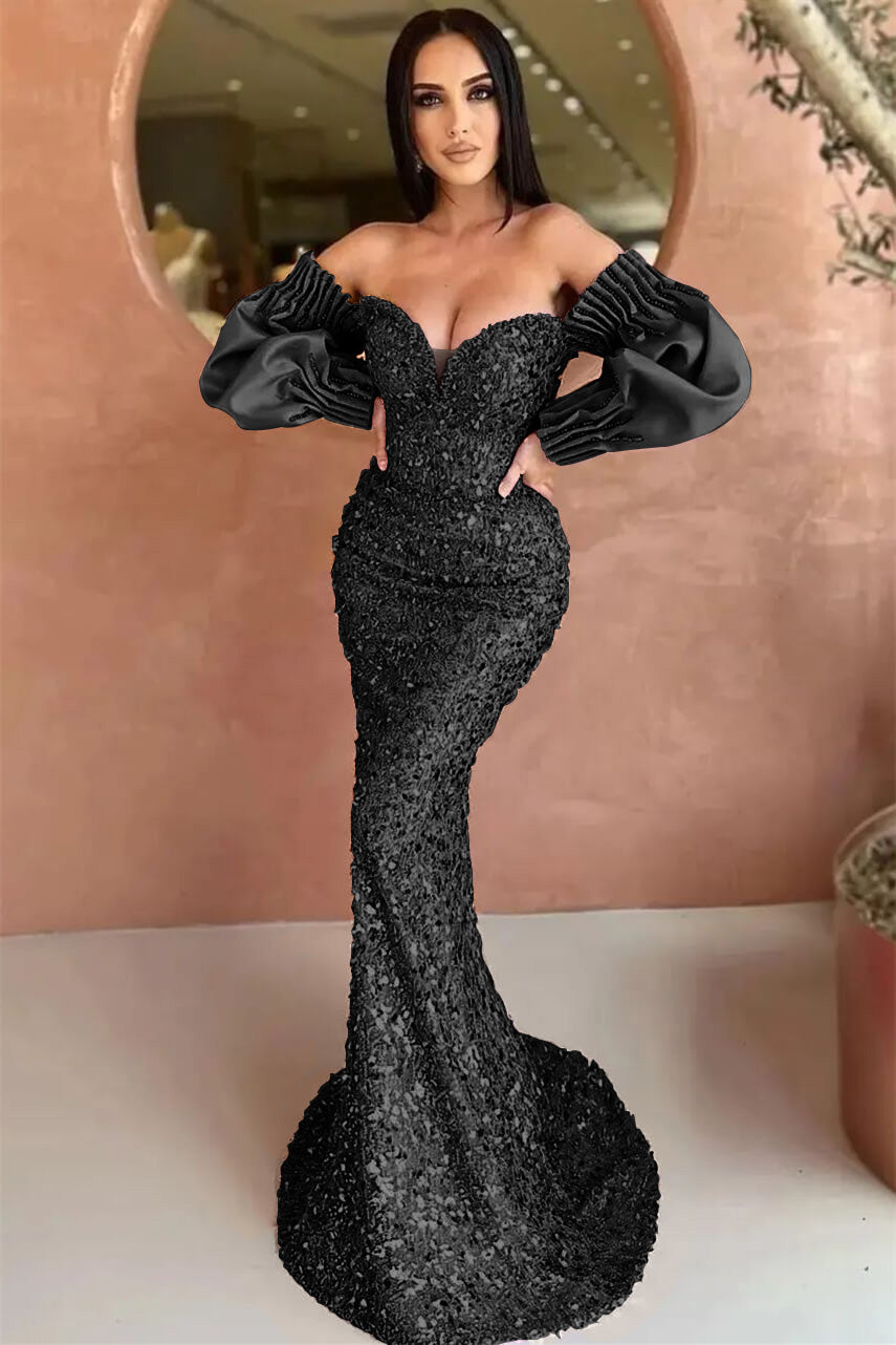 Sweetheart Long Sleeves Evening Dress With Sequins Mermaid Off-The-Shoulder