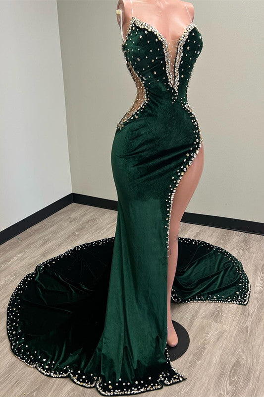 Fashion Dark Green  Strapless  Sweetheart Slit Prom Dress With Chic Beads