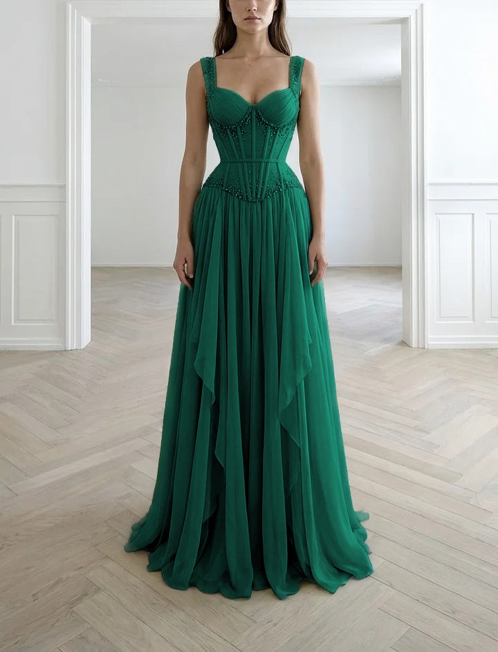 Graceful Sleeveless Wide Straps Beaded Ruffles Long Evening Dress