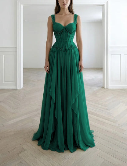 Graceful Sleeveless Wide Straps Beaded Ruffles Long Evening Dress