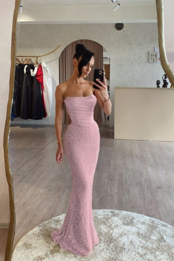 Pink Satin Sequins Spliced Strapless Mermaid Prom Dress
