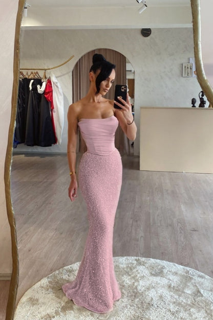 Pink Satin Sequins Spliced Strapless Mermaid Prom Dress