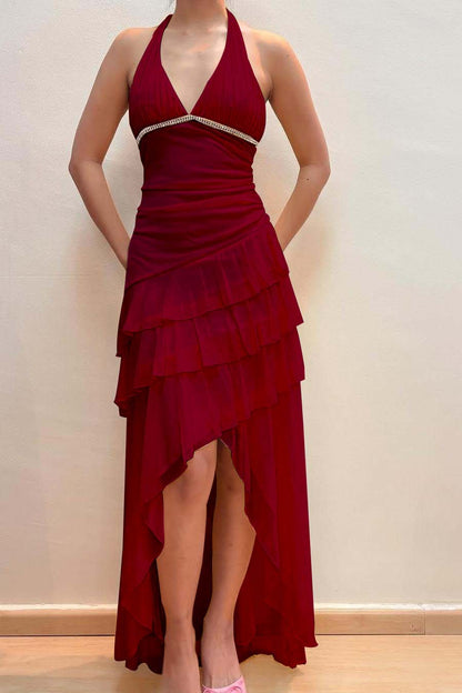 Halter V-Neck Sleeveless Long Evening Dress With Pleated Beading
