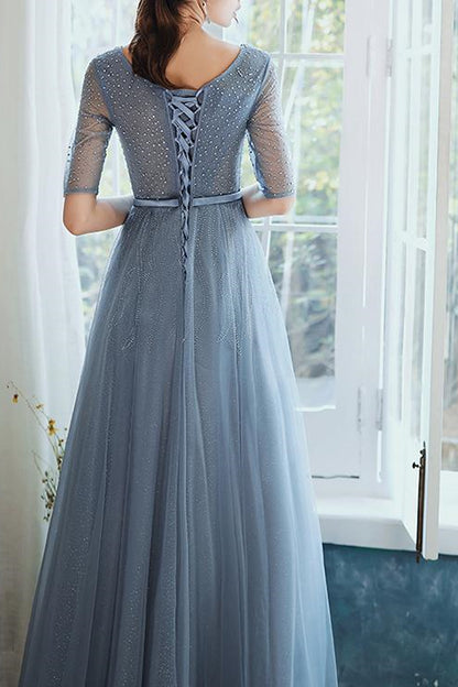 Dusty Blue Hale Sleeves Long Evening Dress Lace-Up With Sequins On Sale