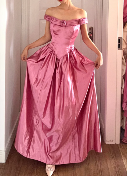 Retro Sweet Pink A-line 3D Floral Off-Shoulder Satin Long Prom Dress Evening Dress P4159