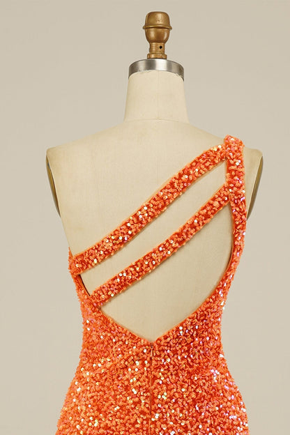 Orange Sequins One Shoulder Sheath Homecoming Dress