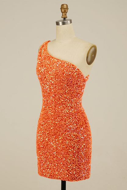 Orange Sequins One Shoulder Sheath Homecoming Dress