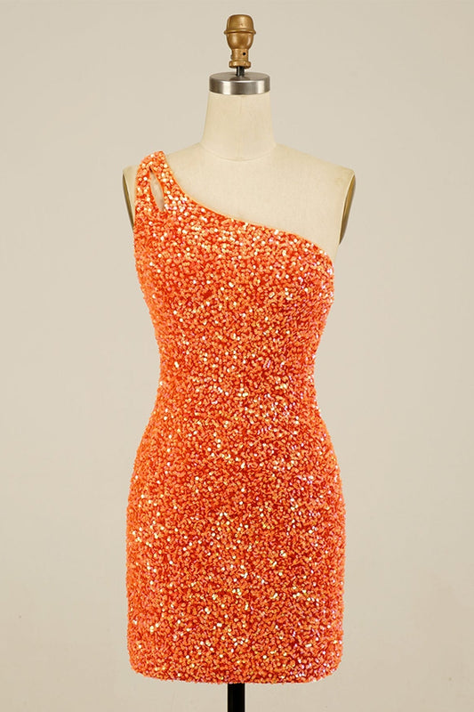 Orange Sequins One Shoulder Sheath Homecoming Dress