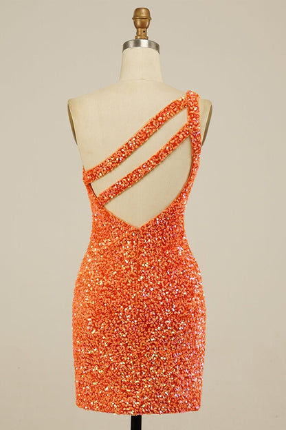 Orange Sequins One Shoulder Sheath Homecoming Dress