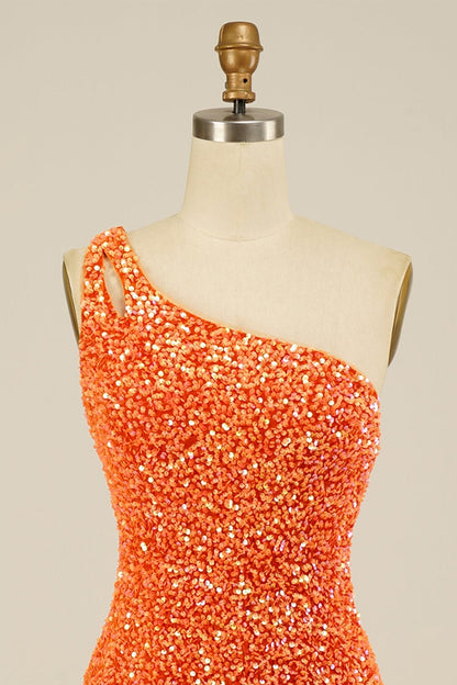 Orange Sequins One Shoulder Sheath Homecoming Dress