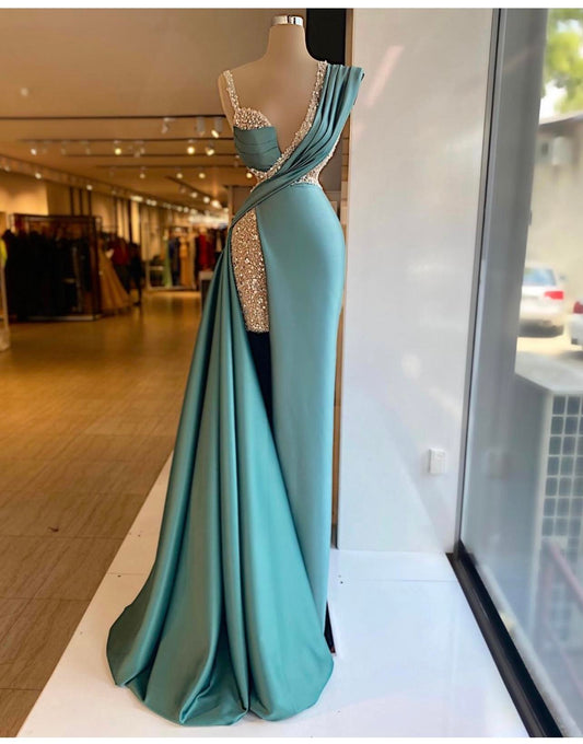Sparkly Sequined Split Mermaid Evening Dresses Crystal Long Formal Prom Gowns Custom Made Plus Size Pageant Wear Party Dress SA1097